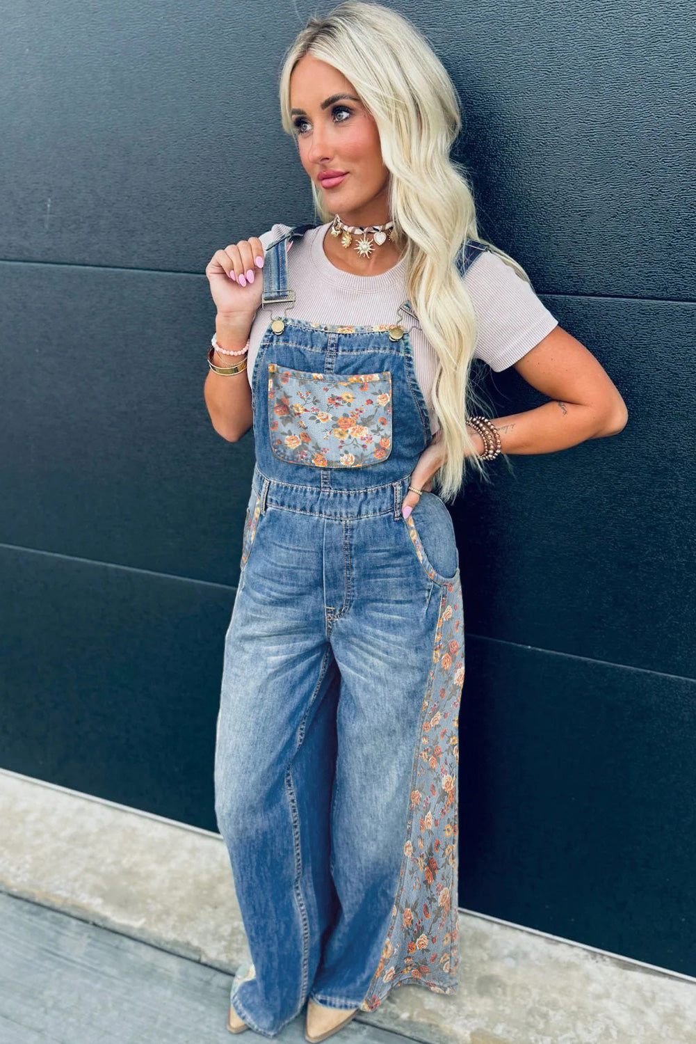 PRE-ORDER: Blue Floral Patchwork Bib Denim Wide Leg Overalls