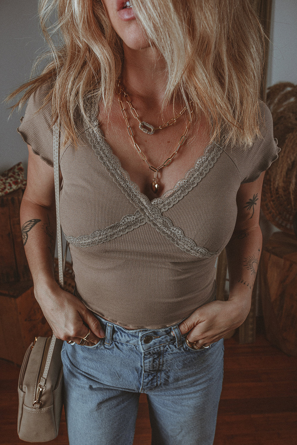 Dark Brown Lace Criss Cross Slim Fit V Neck Tee