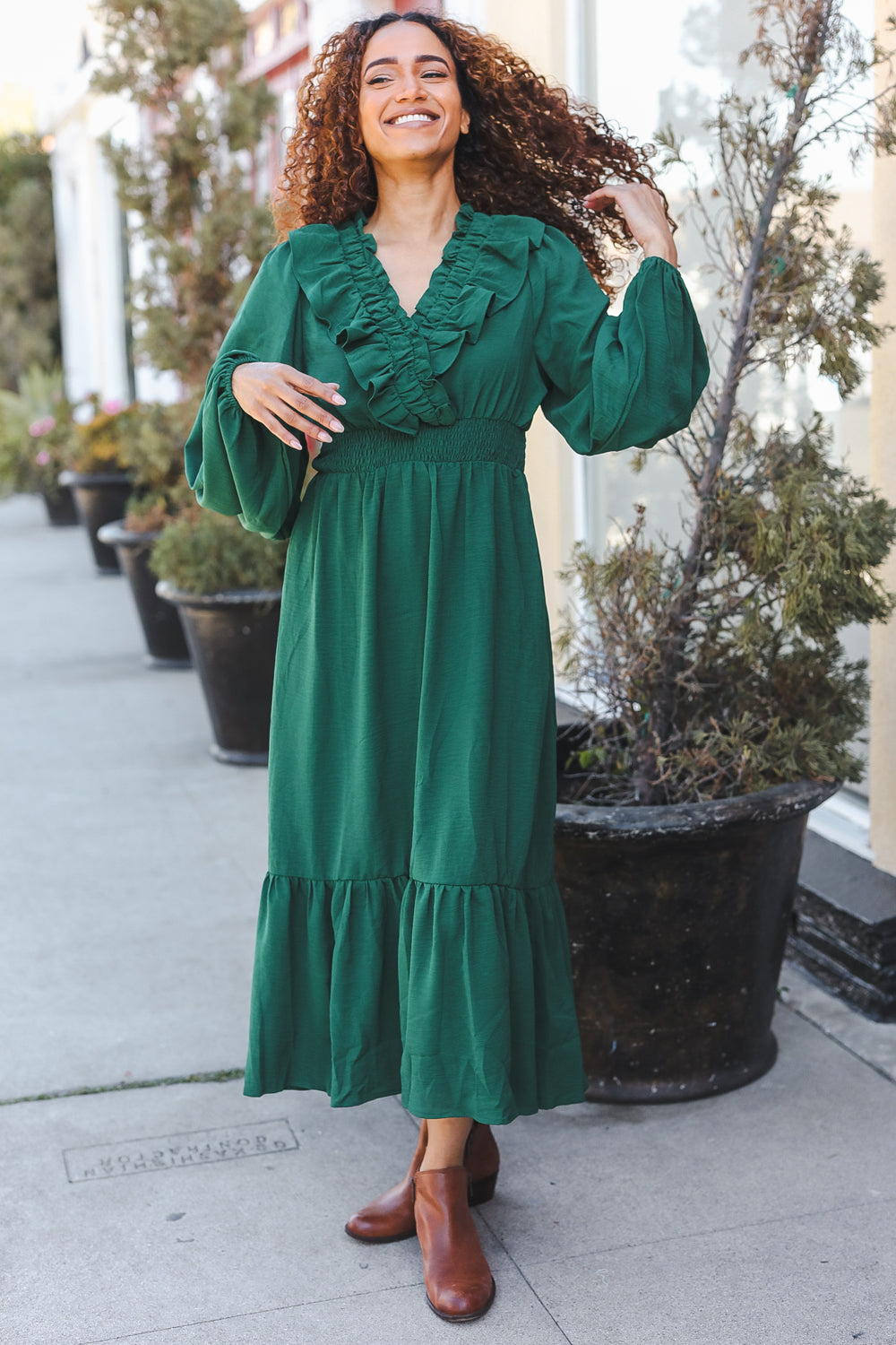 Beautiful You  Overlap Ruffle V Neck Midi Dress