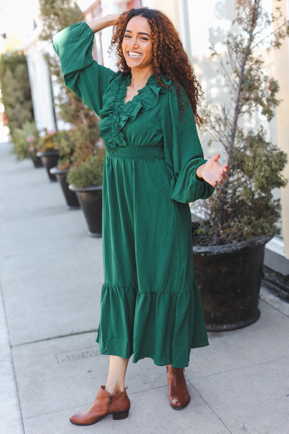 Beautiful You  Overlap Ruffle V Neck Midi Dress