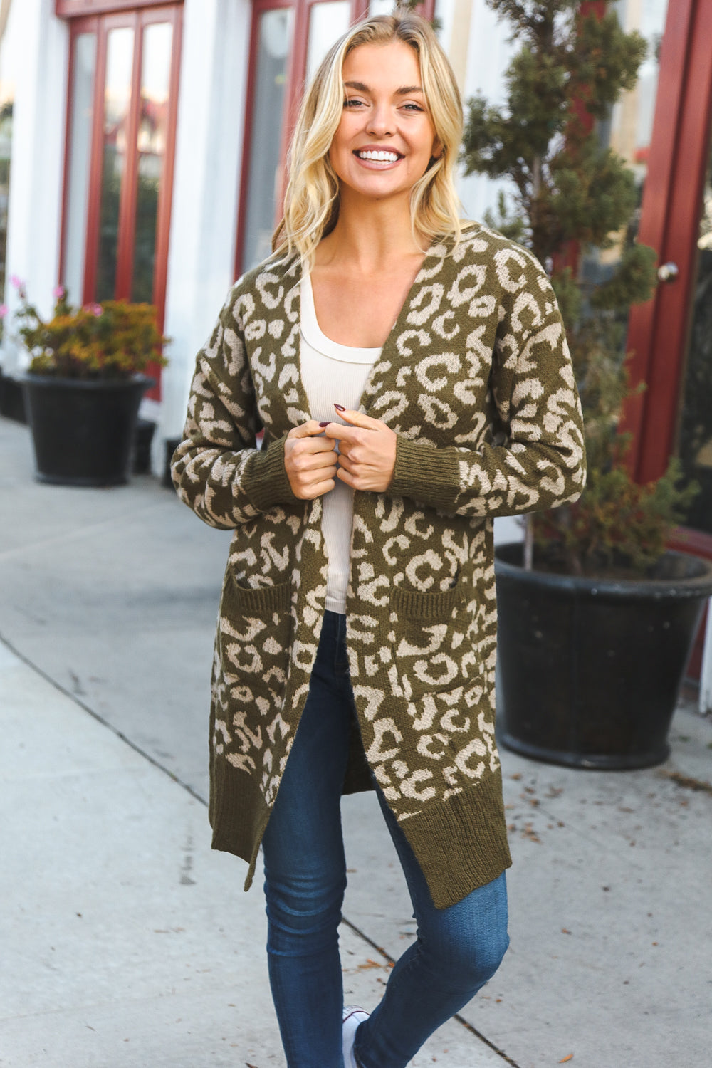 Olive Knit Animal Print Ribbed Open Cardigan