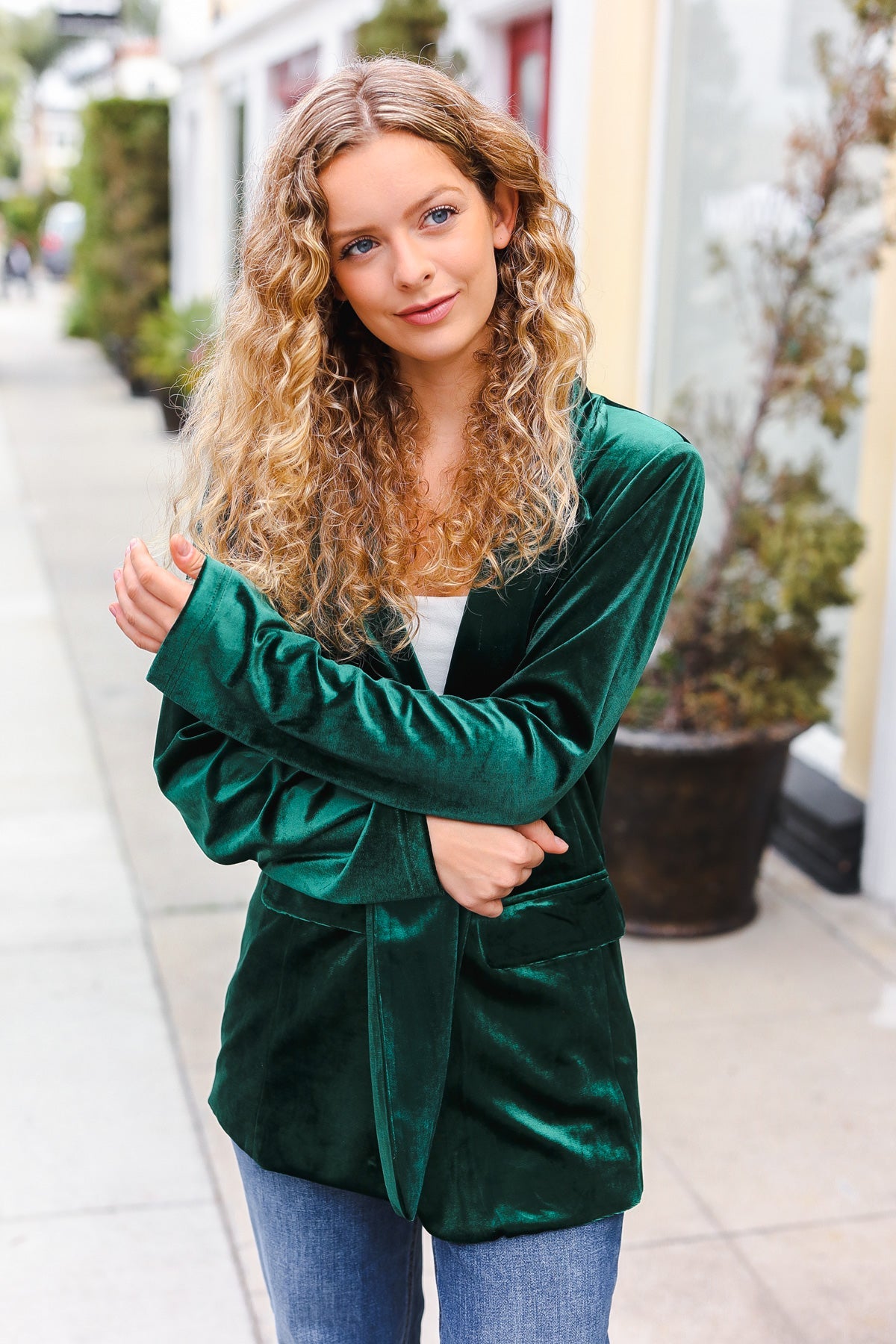 Holiday Stunner Hunter Green Velvet Lapel Blazer