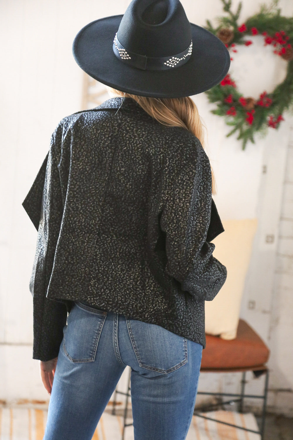 Holiday Matte Foiled Cheetah Print Blazer Jacket