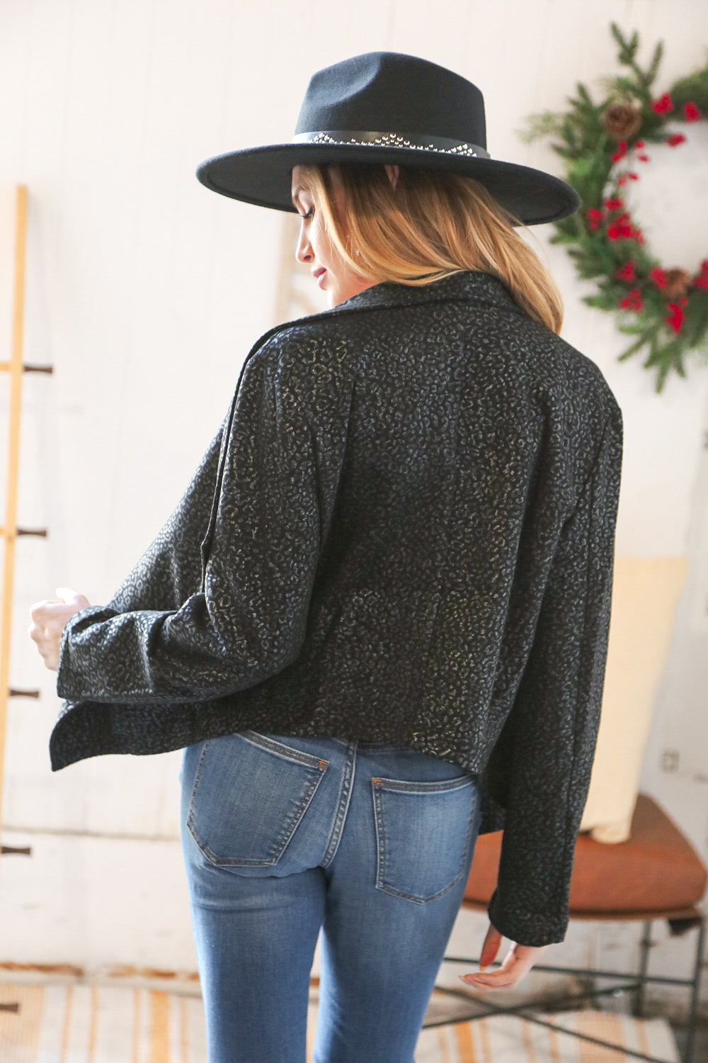 Holiday Matte Foiled Cheetah Print Blazer Jacket