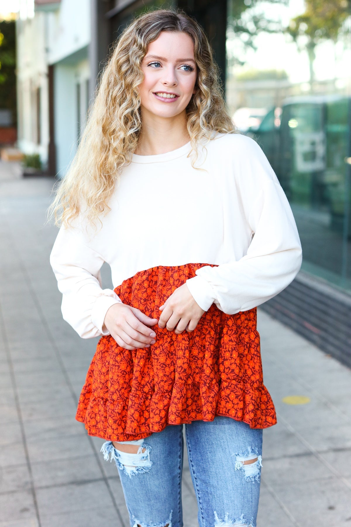 Star Struck Vintage Floral Oatmeal Tiered Babydoll Top