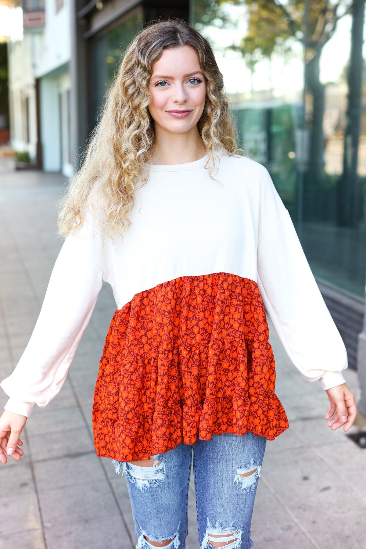 Star Struck Vintage Floral Oatmeal Tiered Babydoll Top