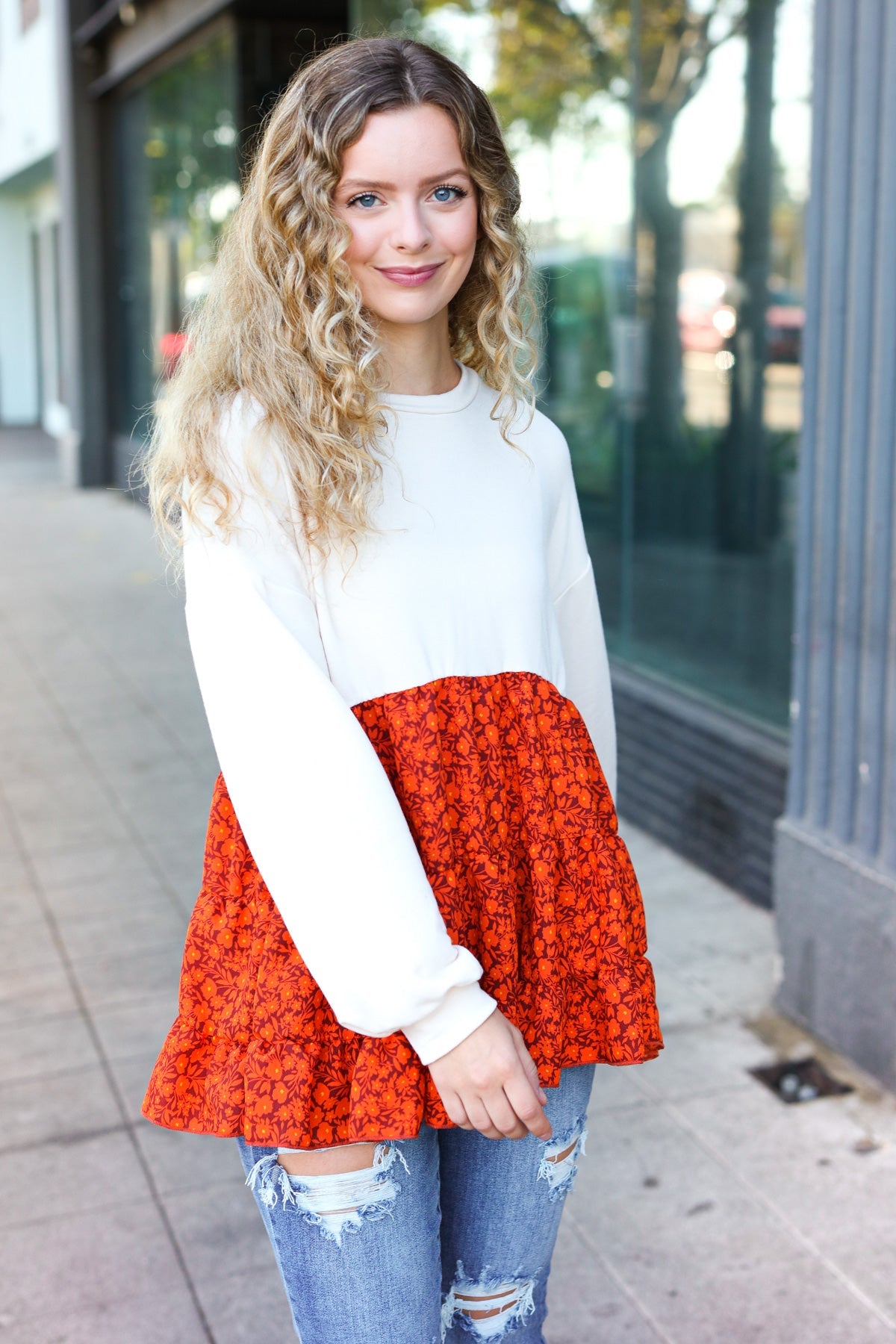 Star Struck Vintage Floral Oatmeal Tiered Babydoll Top