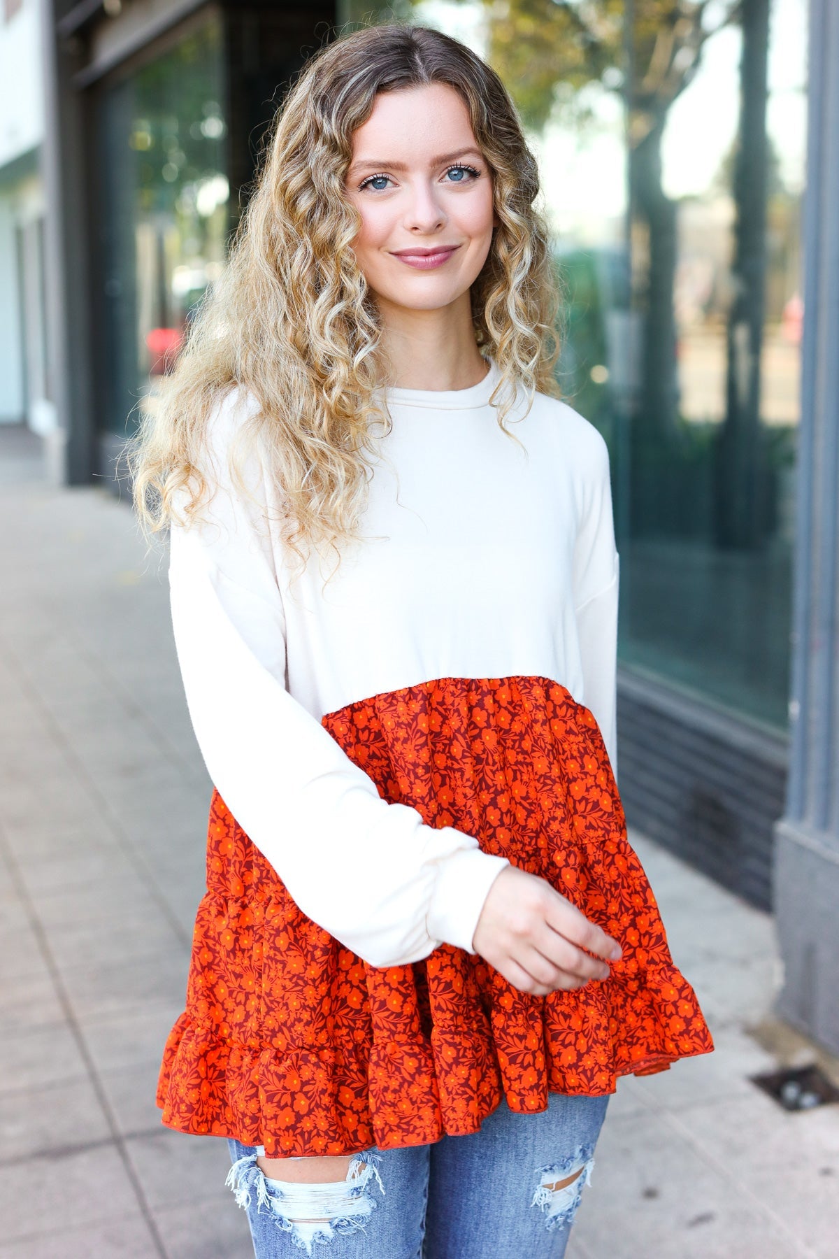 Star Struck Vintage Floral Oatmeal Tiered Babydoll Top