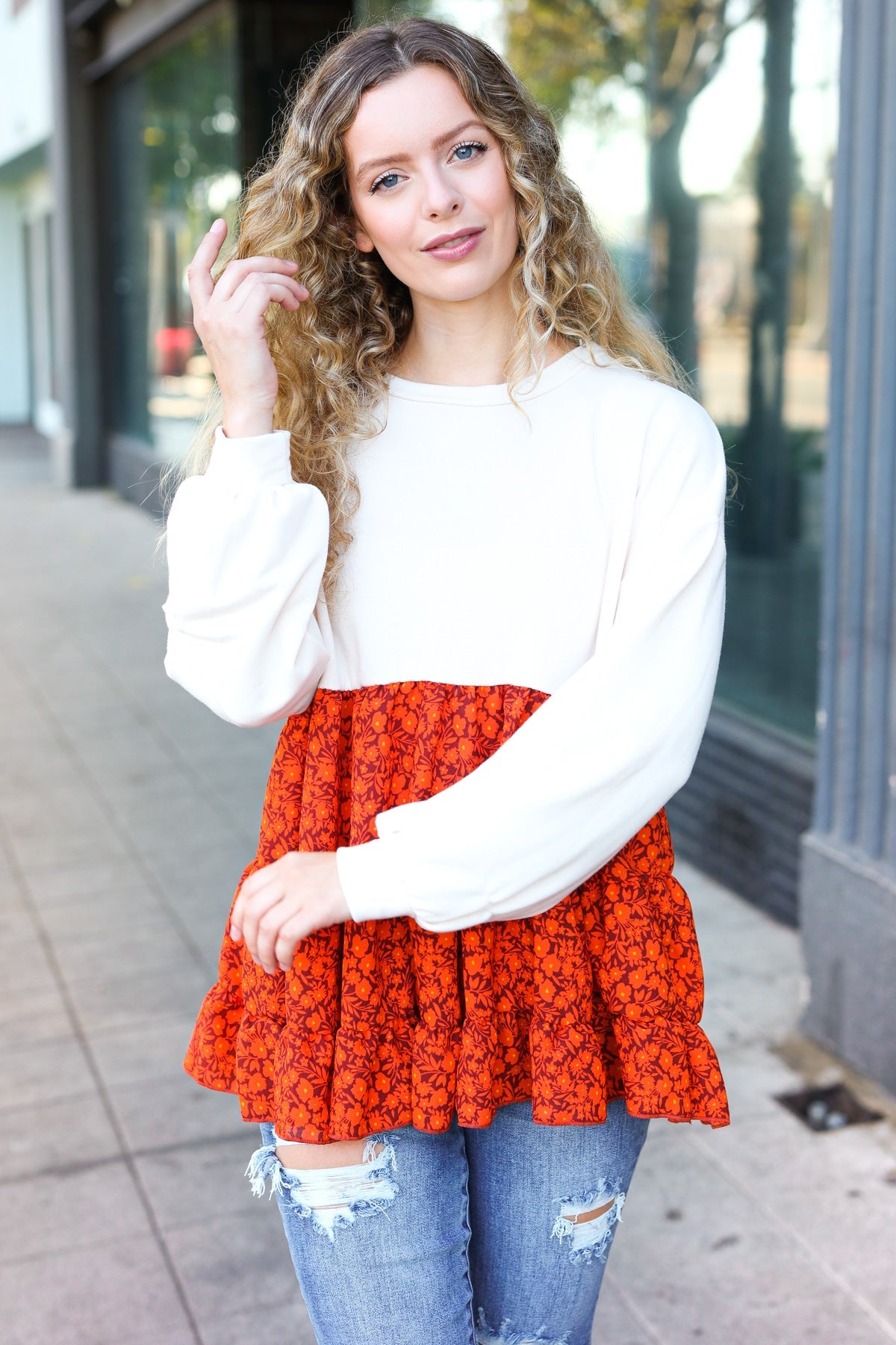Star Struck Vintage Floral Oatmeal Tiered Babydoll Top