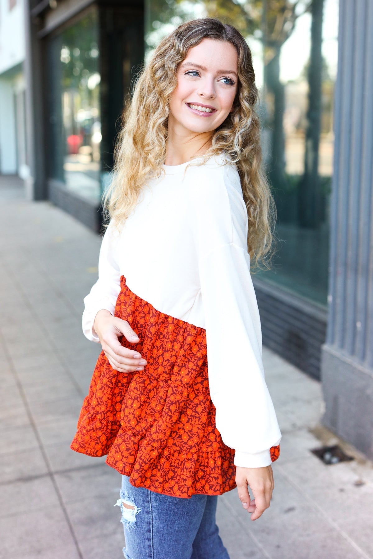 Star Struck Vintage Floral Oatmeal Tiered Babydoll Top