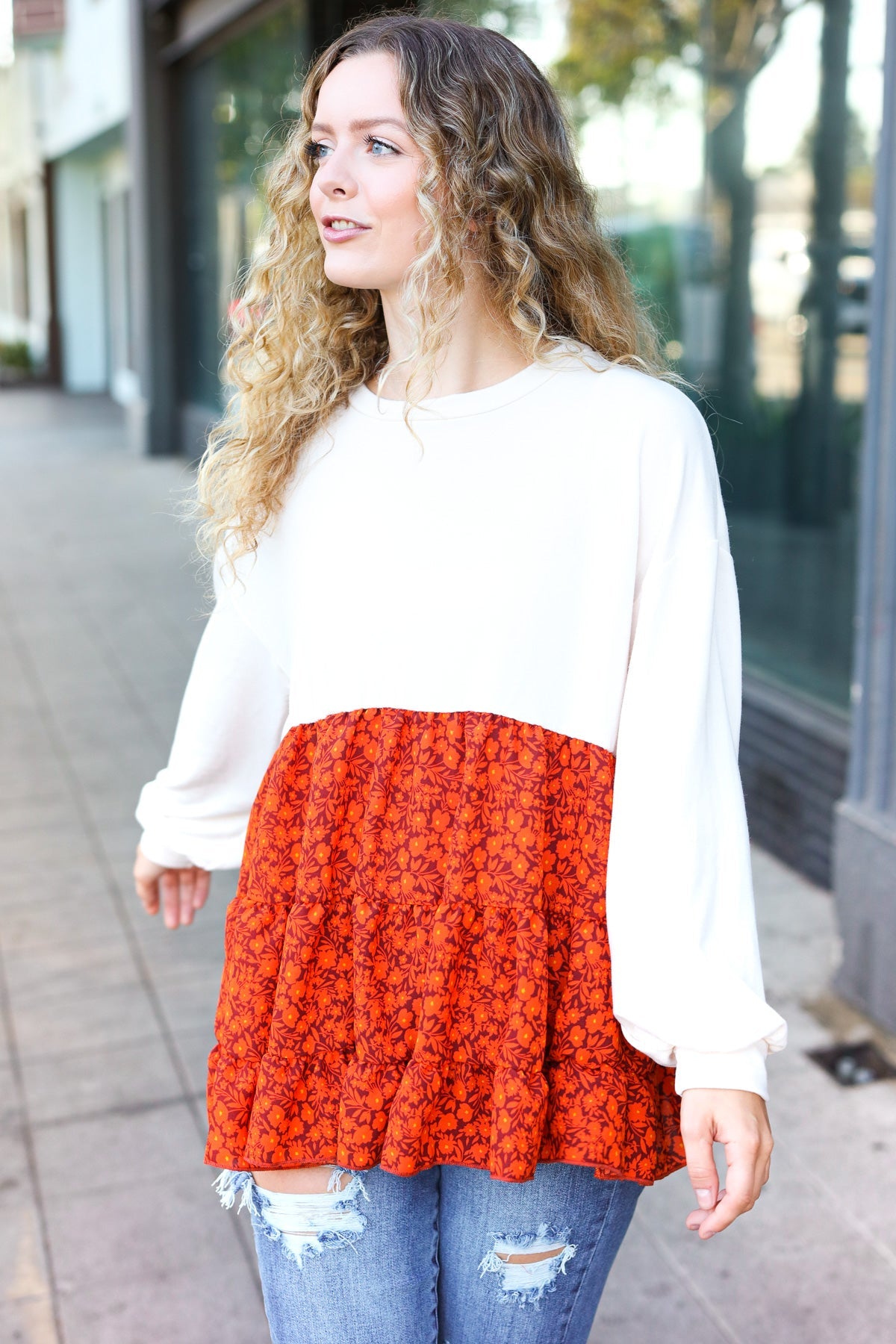 Star Struck Vintage Floral Oatmeal Tiered Babydoll Top