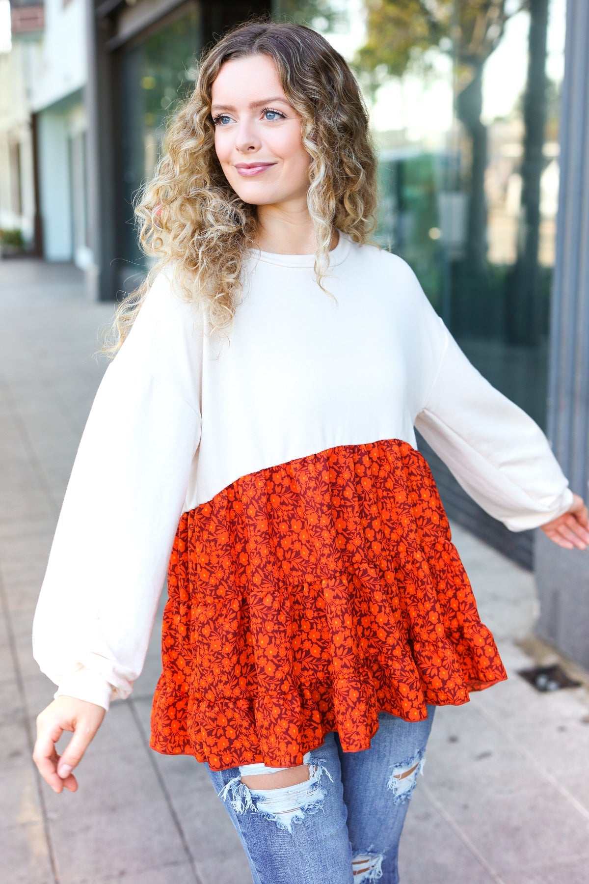 Star Struck Vintage Floral Oatmeal Tiered Babydoll Top