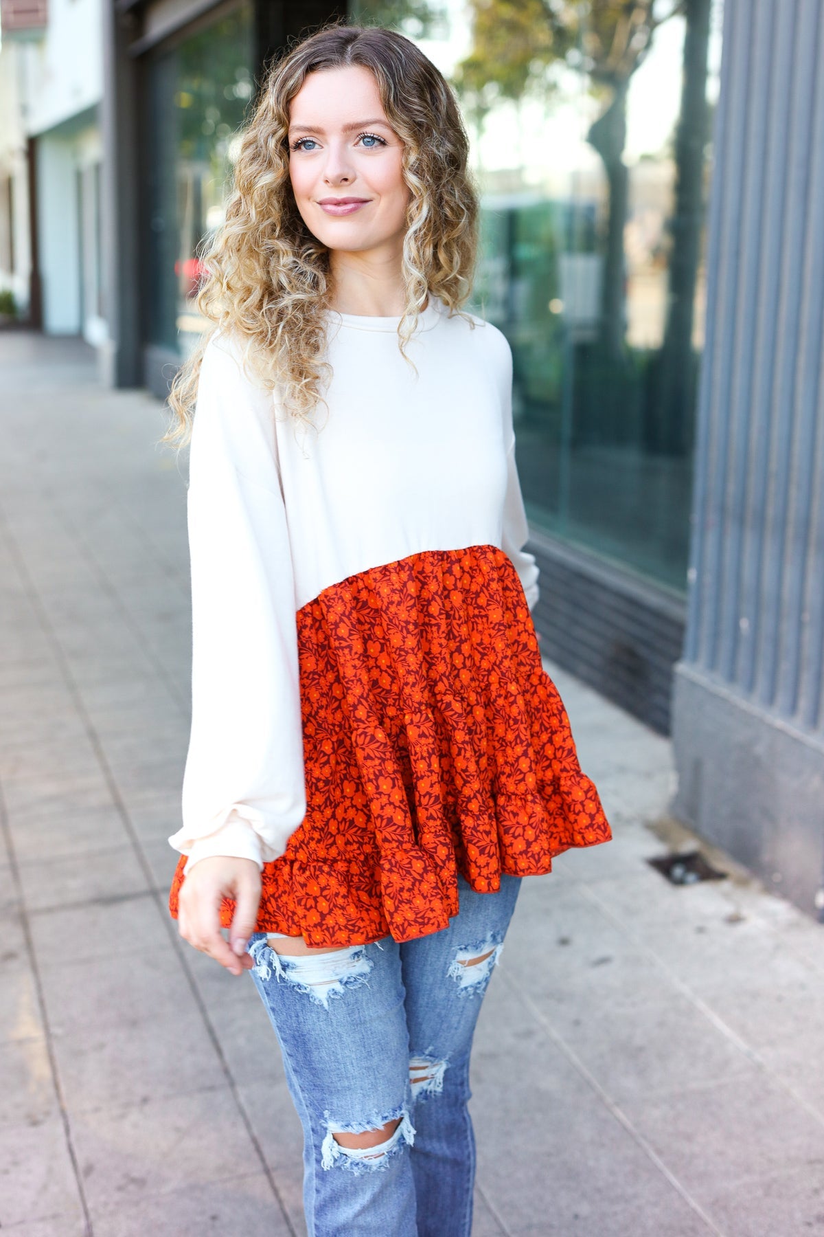 Star Struck Vintage Floral Oatmeal Tiered Babydoll Top