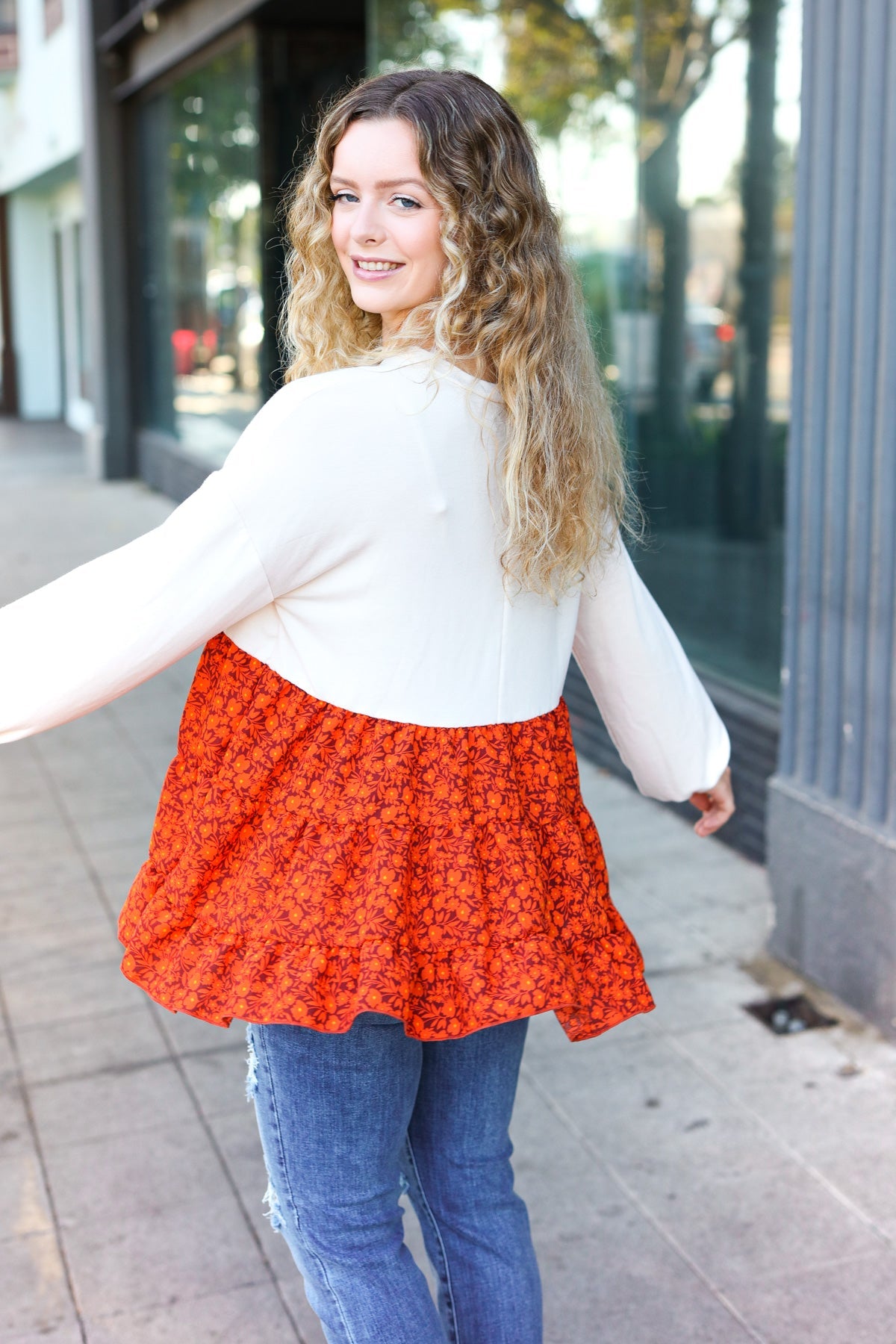 Star Struck Vintage Floral Oatmeal Tiered Babydoll Top