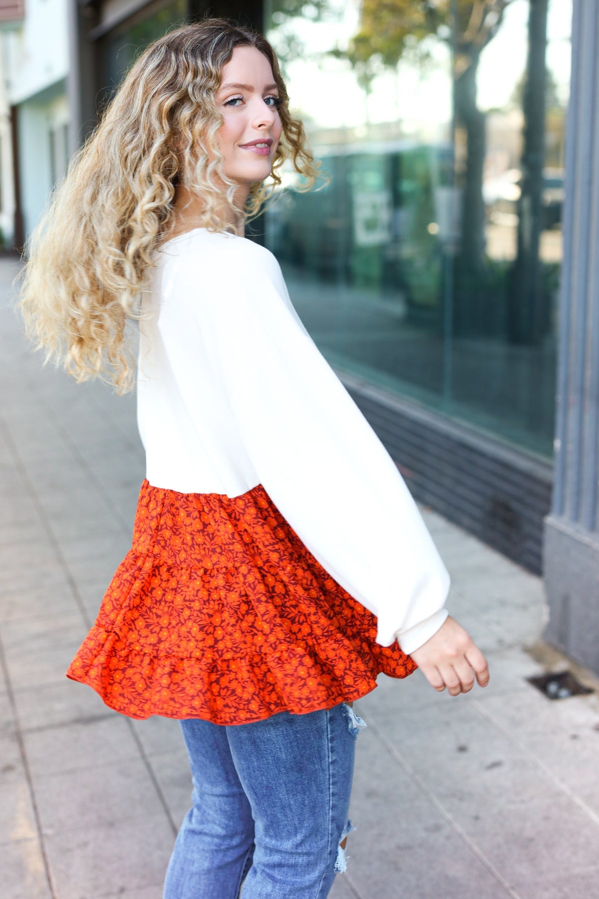 Star Struck Vintage Floral Oatmeal Tiered Babydoll Top