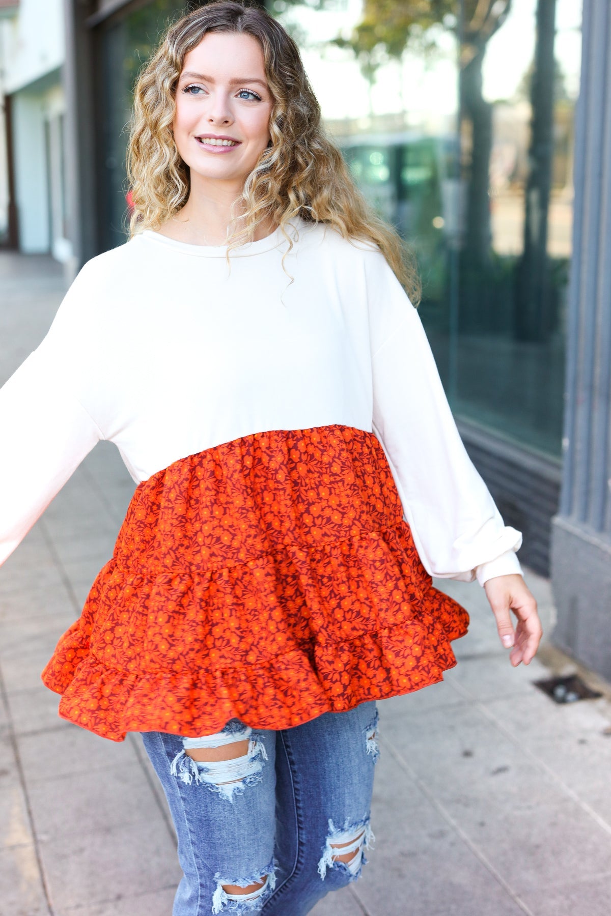 Star Struck Vintage Floral Oatmeal Tiered Babydoll Top