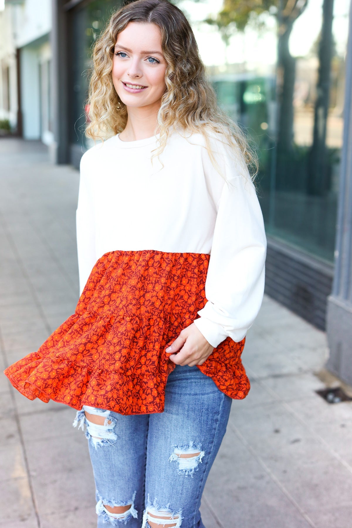 Star Struck Vintage Floral Oatmeal Tiered Babydoll Top