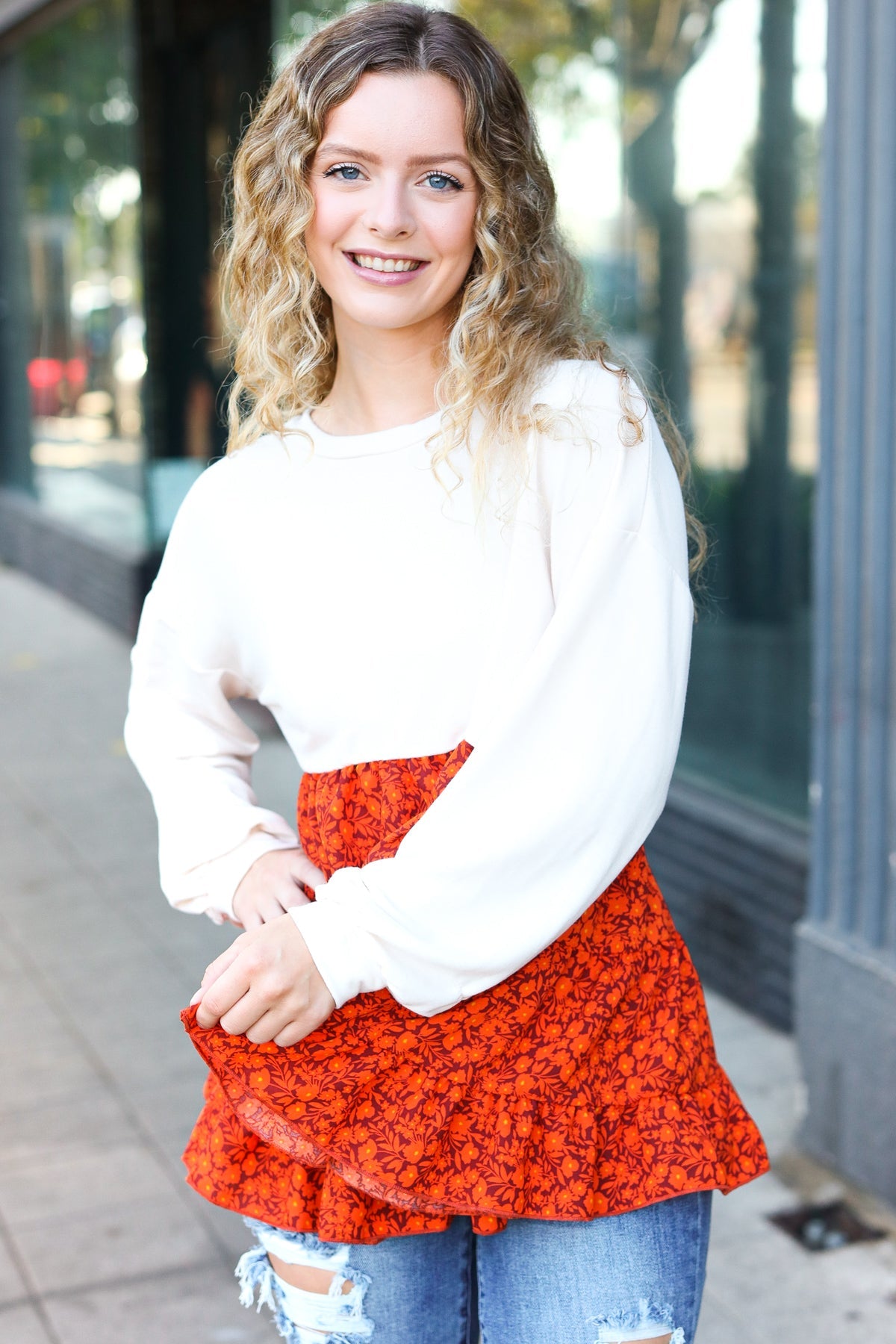 Star Struck Vintage Floral Oatmeal Tiered Babydoll Top