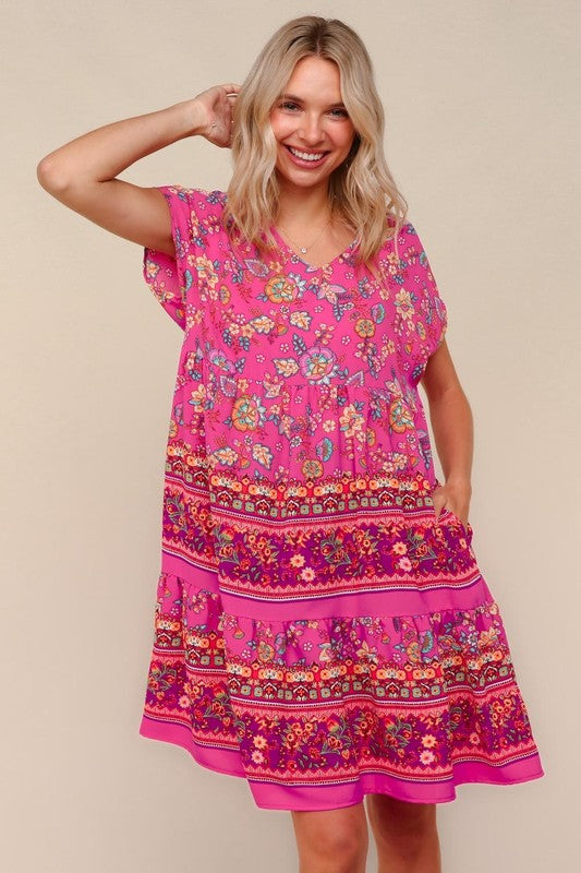 Boho Love Fuchsia Floral Print V Neck Dolman Sleeve Dress