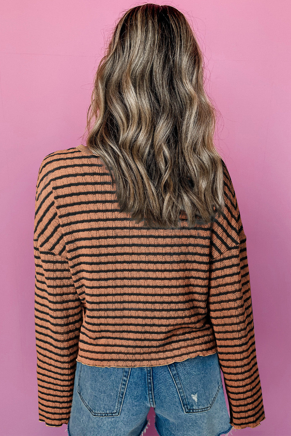 Striped Textured Frilly Trim Henley Long Sleeve Top