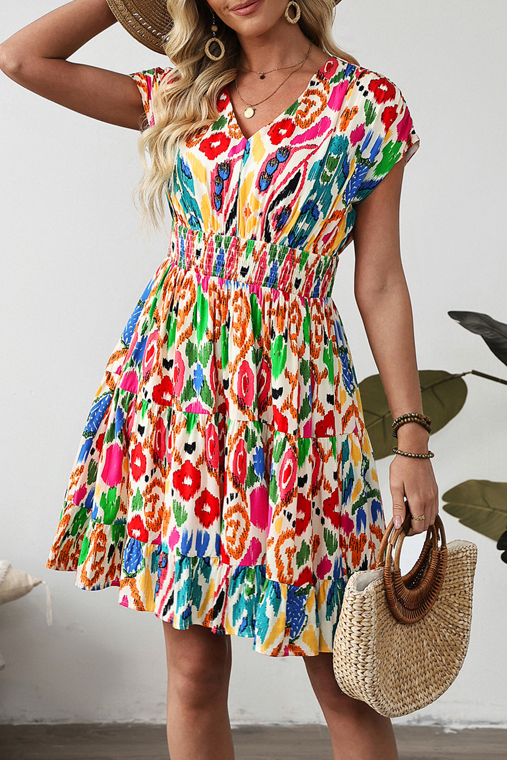 Abstract V-Neck Ruffle Mini Dress