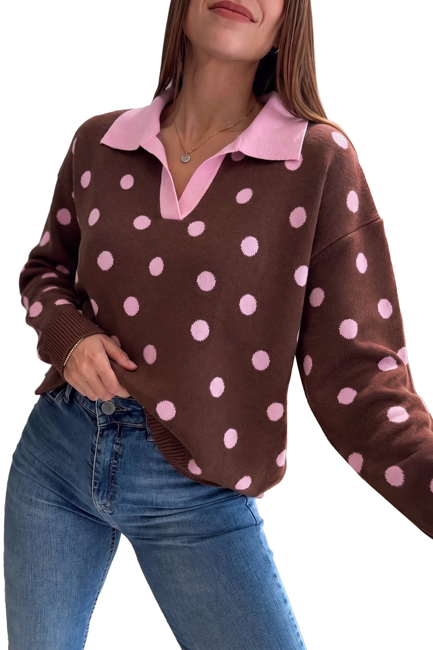 PRE-ORDER: Pink Polka Dot Color Block Collared Loose Pullover