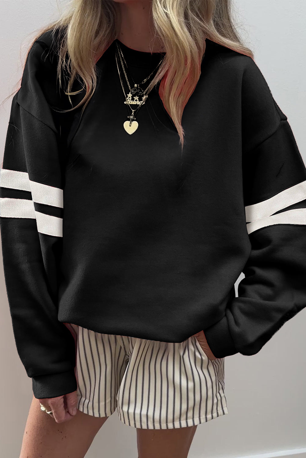 Preppy Striped Sleeve Loose Sweatshirt
