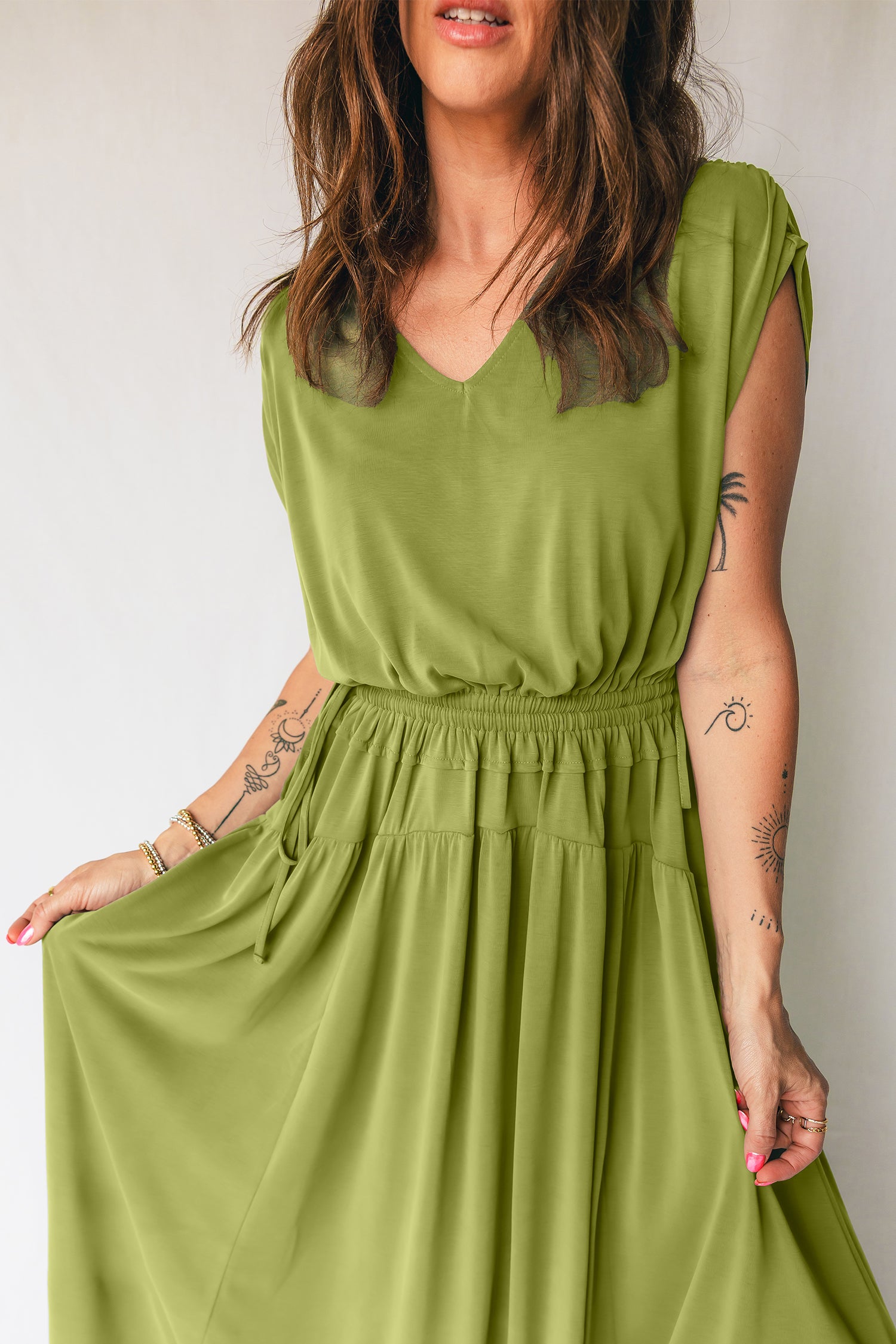 PRE-ORDER: Solid V Neck Cap Sleeve Tunic Elastic Waist Maxi Dress