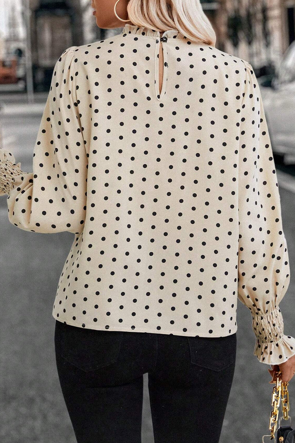 PRE-ORDER: Apricot Polka Dot Print Frill Neck Smocked Lantern Sleeve Blouse
