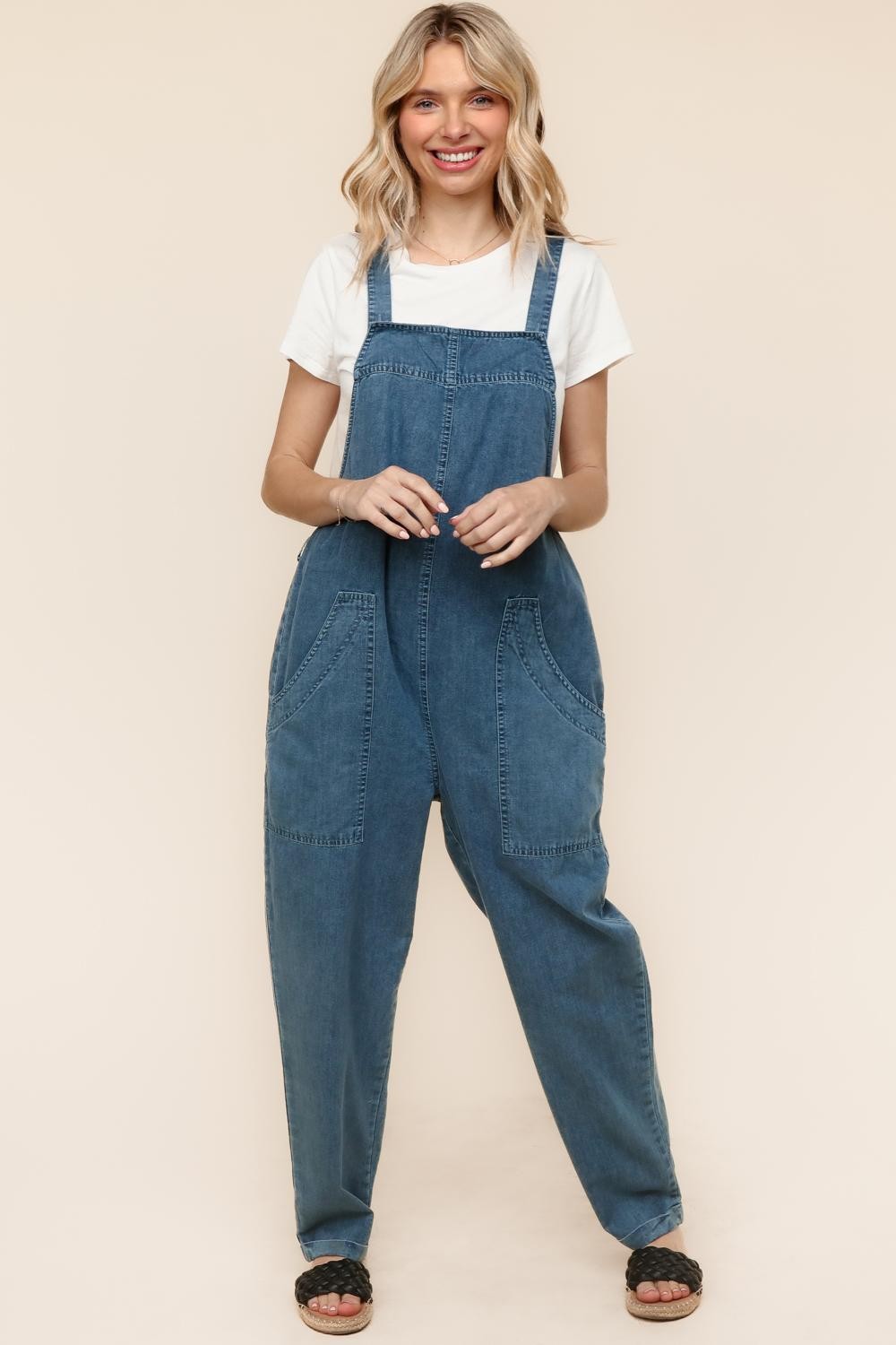 Cotton Denim Baggy Leg Bib Overall Jumper
