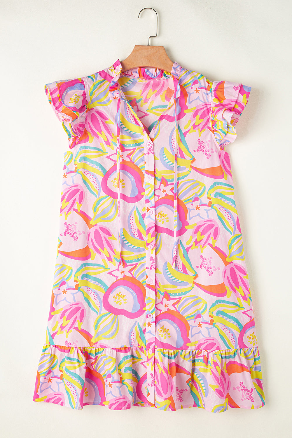 Pink Abstract Floral Ruffle Sleeve Buttoned Dress