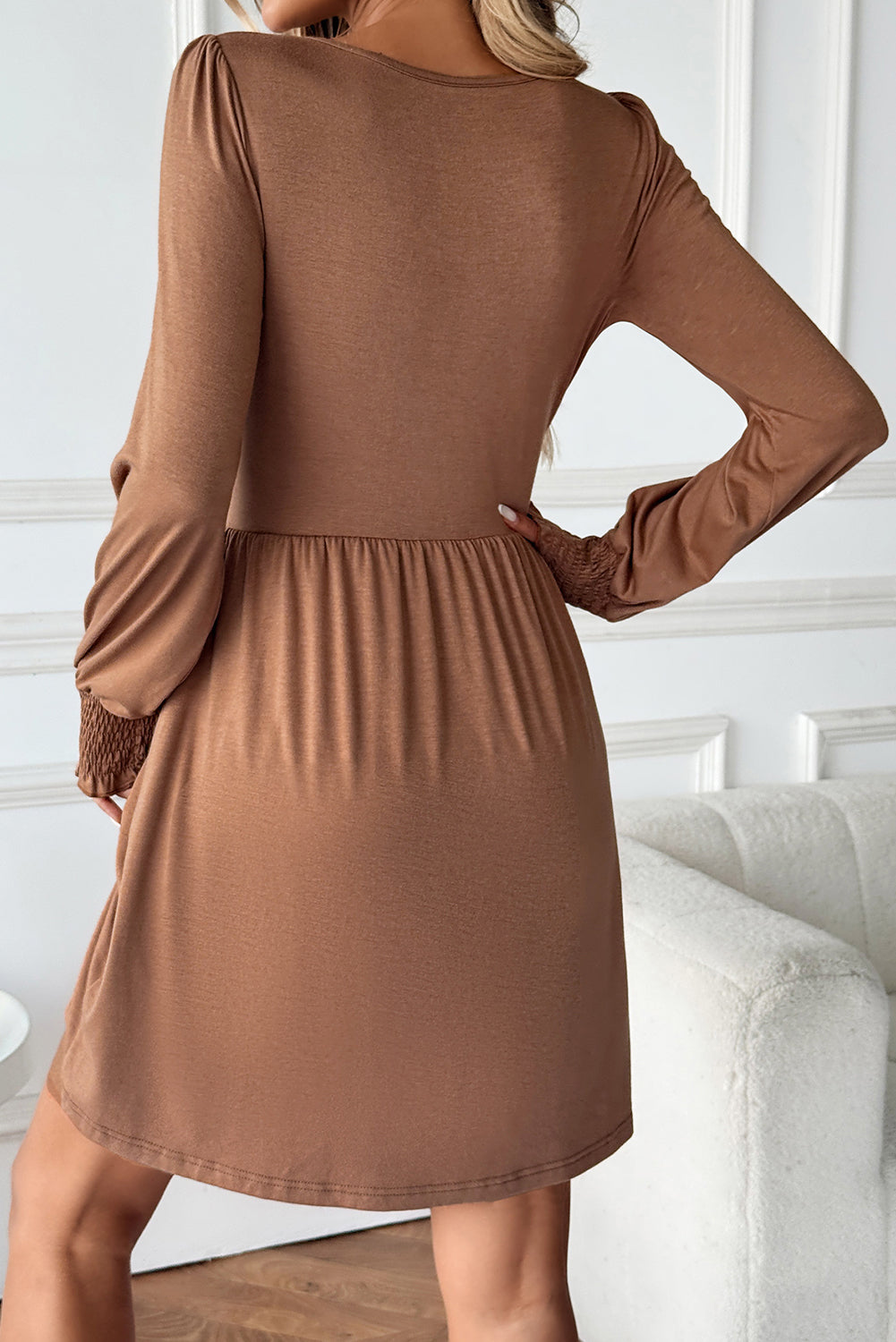 PRE-ORDER: Chestnut Shirred Cuff Mini Dress
