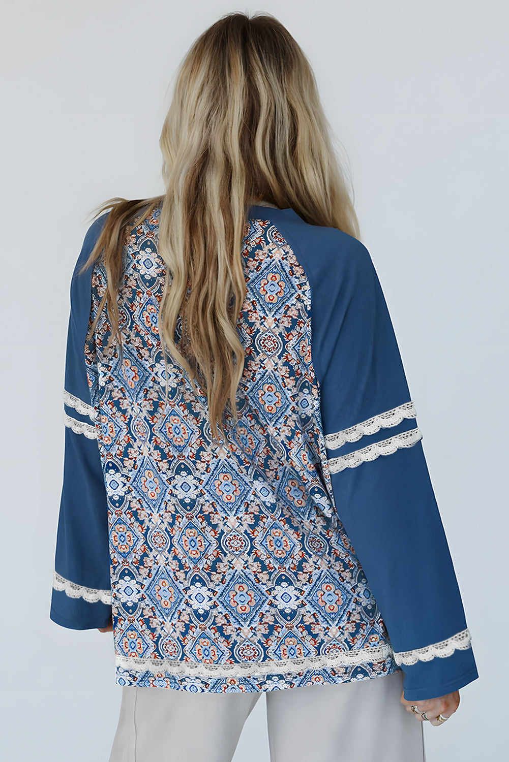 PRE-ORDER: Blue Boho Geometric Print Lace Raglan