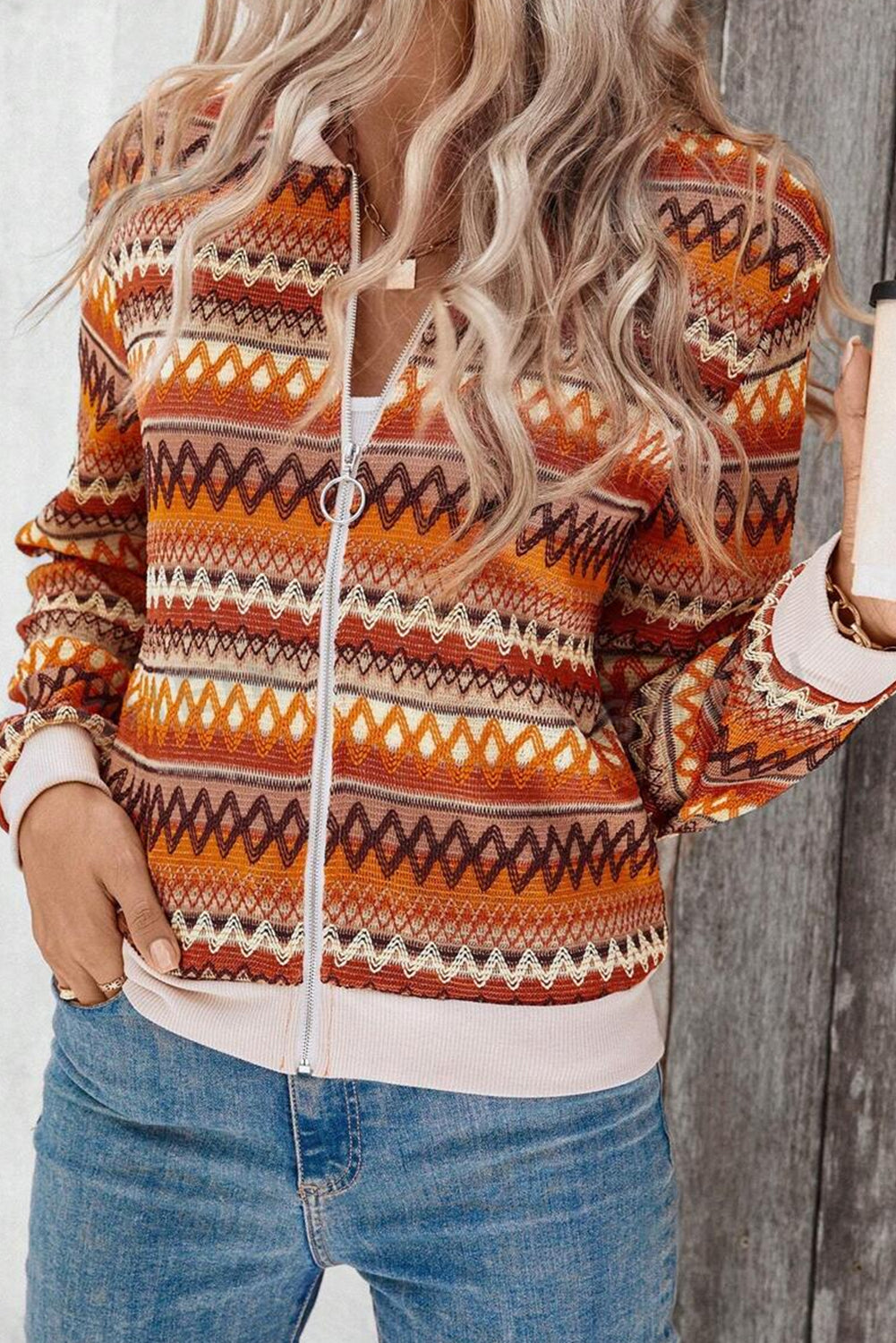 Orange Striped Zip Up Jacket
