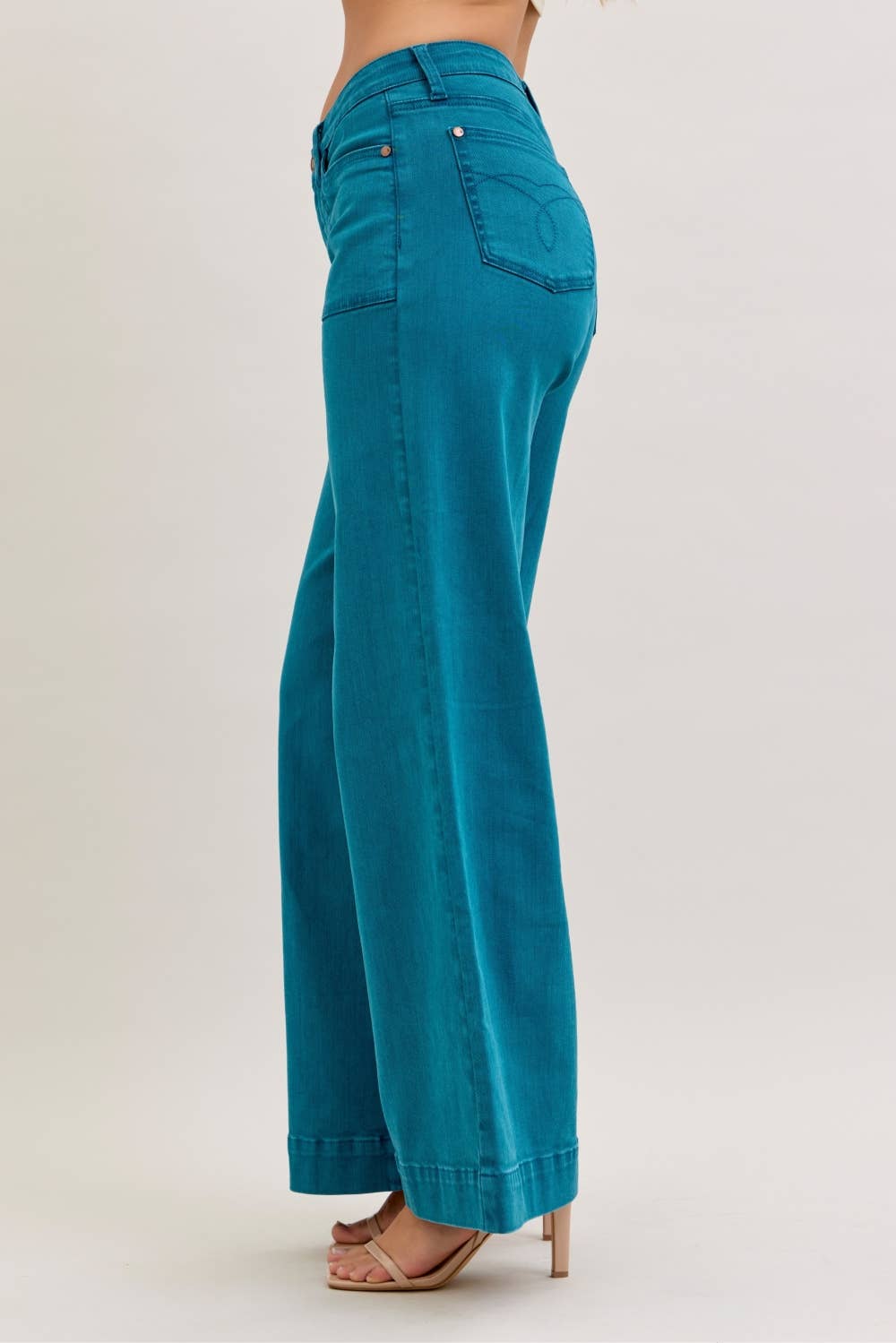 Judy Blue Teal Mid Rise Utility Wide Jeans