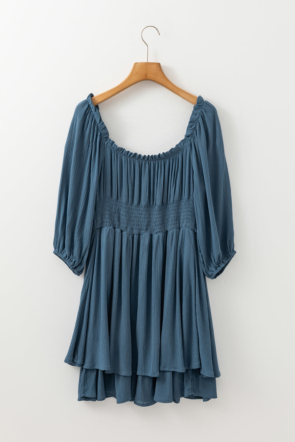 Teal Frilled 3/4 Sleeve Ruched Mini Dress
