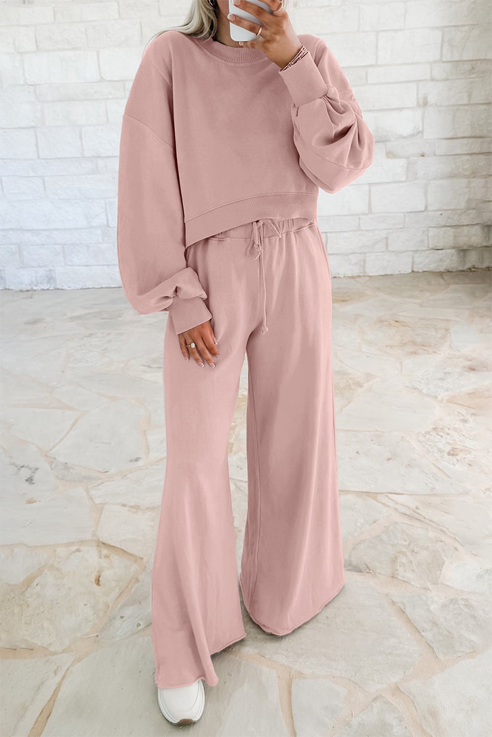 Drop Shoulder Crop Pullover Drawstring Wide Leg Pants Set