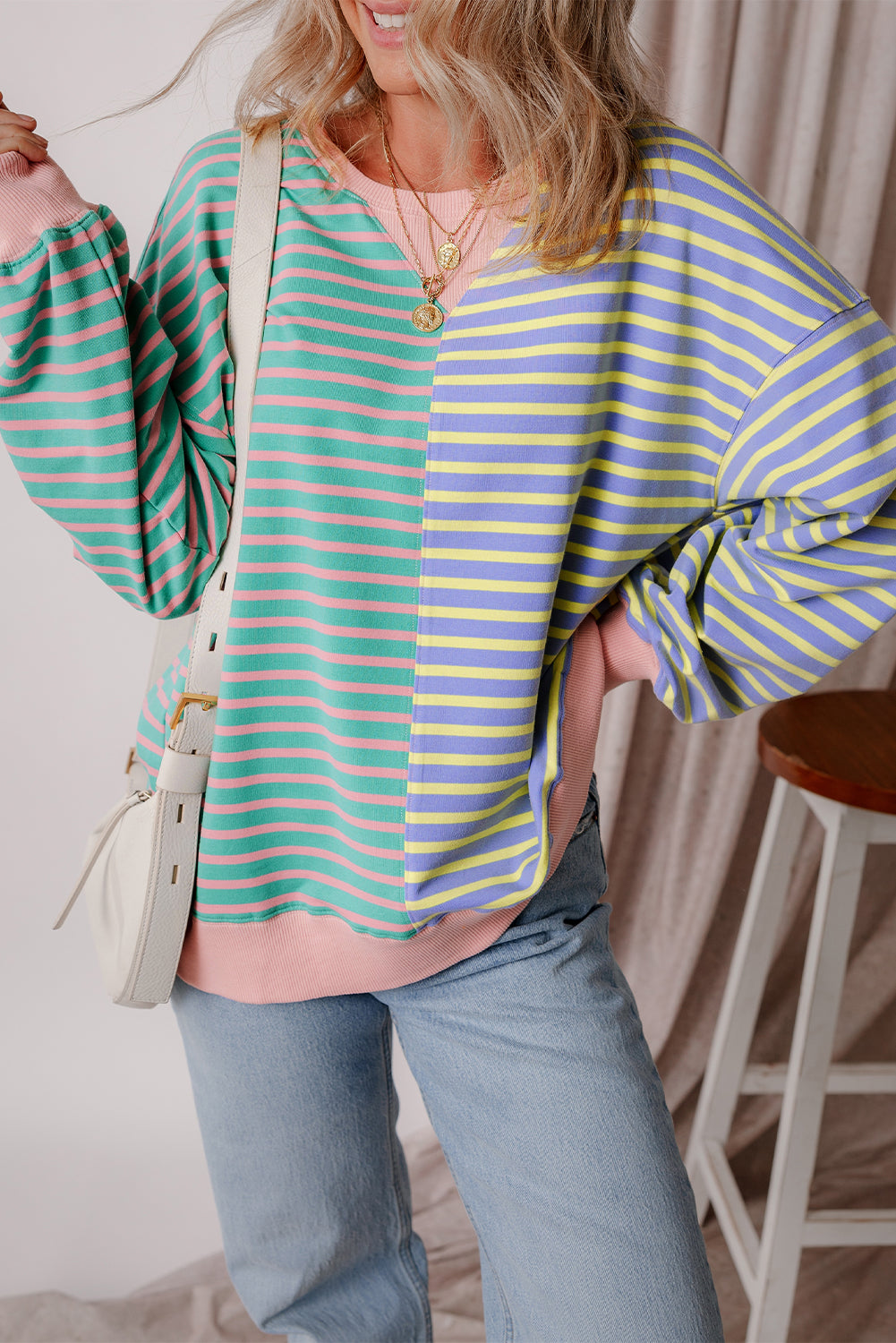 Casual Striped Colorblock Drop Shoulder Oversized Sweatshirt