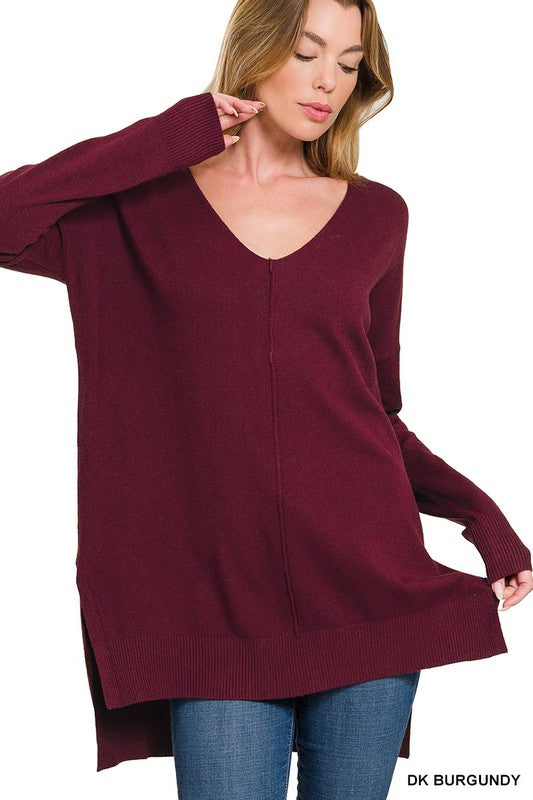 Hi-Low Hem V-Neck Center Seam Sweater