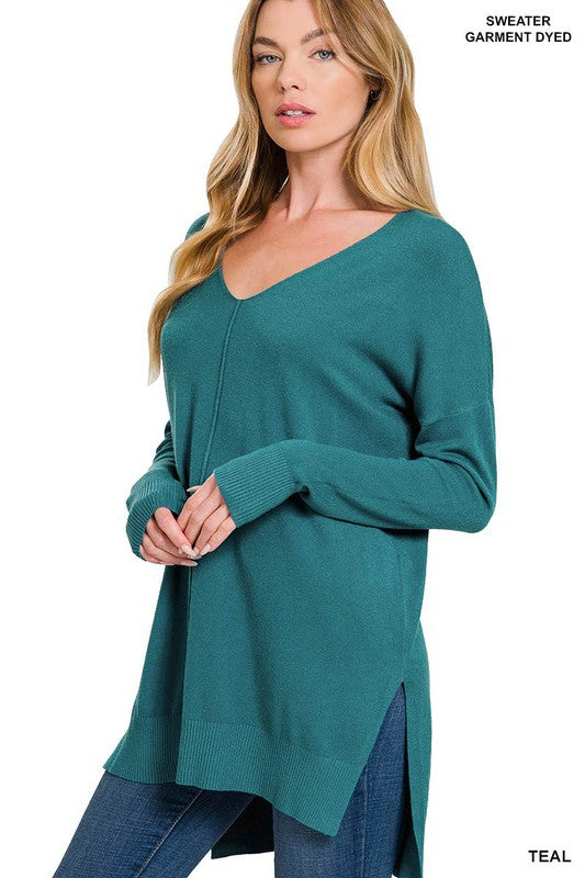 Hi-Low Hem V-Neck Center Seam Sweater