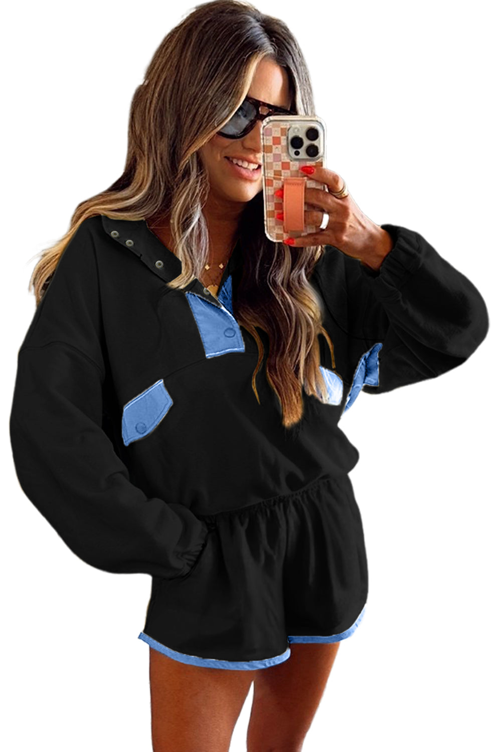 PRE-ORDER: Colorblock Patchwork Half Button Pullover and Shorts Outfit