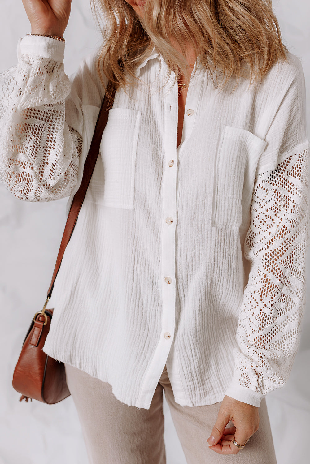 PRE-ORDER: Cotton Gauze Lace Patchwork Long Sleeve Shirt