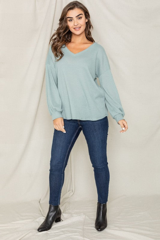 Balloon Sleeve V Neck Top