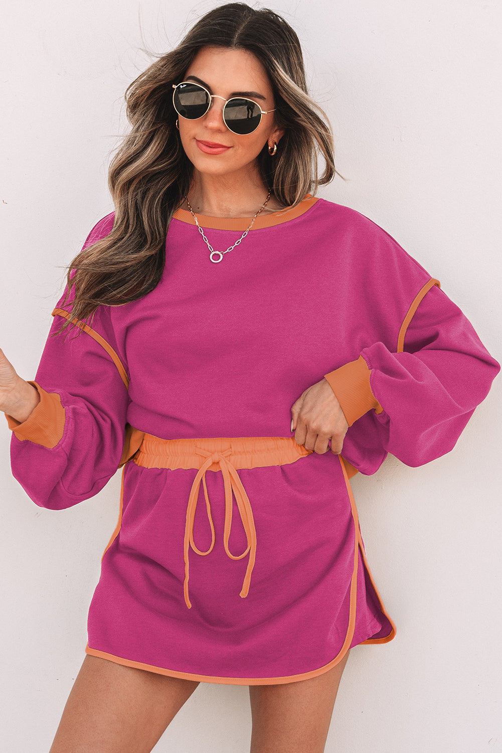 Contrast Pullover and Lace-up Waist Skort Set