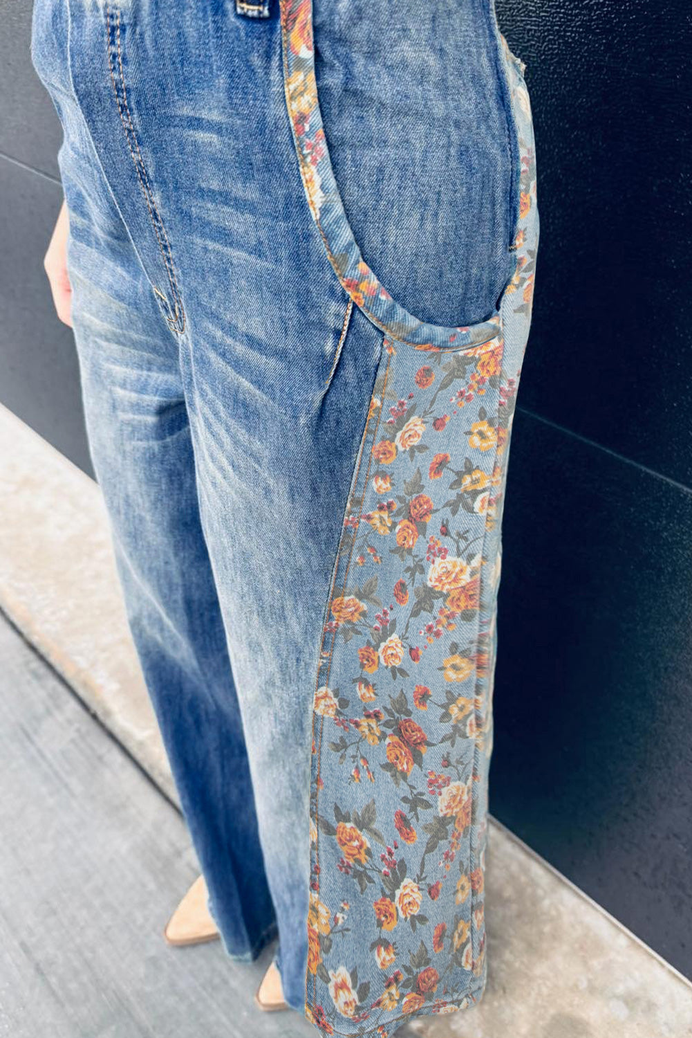 PRE-ORDER: Blue Floral Patchwork Bib Denim Wide Leg Overalls
