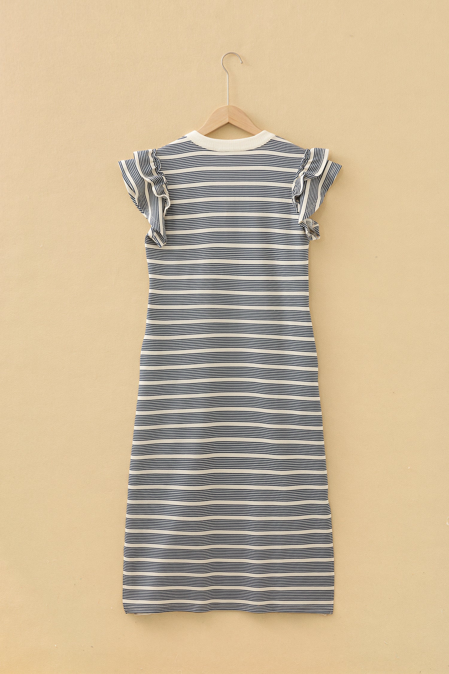 PRE-ORDER: Blue Stripe Short Sleeve Notched Neck Midi Dress