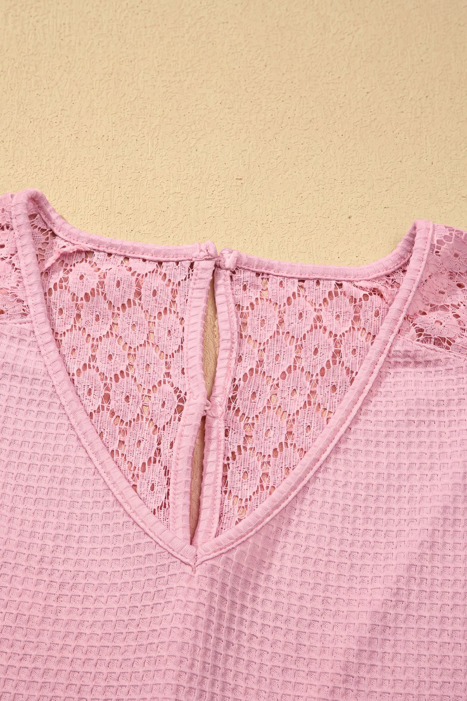 PRE-ORDER: Lace Splicing Button V Neck Waffle Knit Blouse