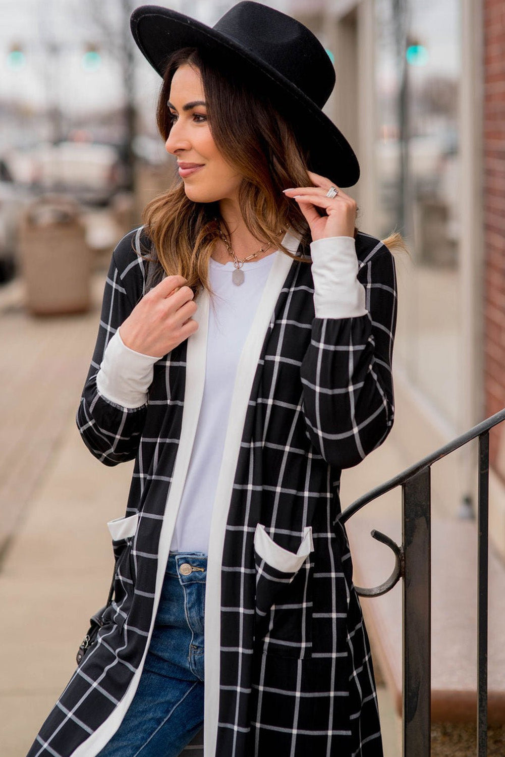 Black Plaid Colorblock Edge Cardigan with Pockets
