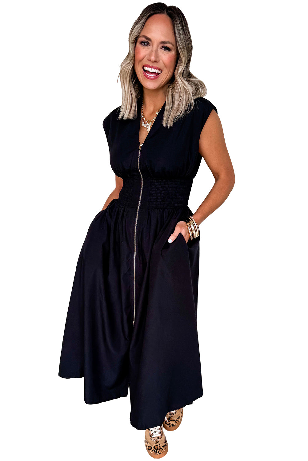 PRE-ORDER: Black Sleeveless Zipped Front V Neck Shirred Waist Midi Dress