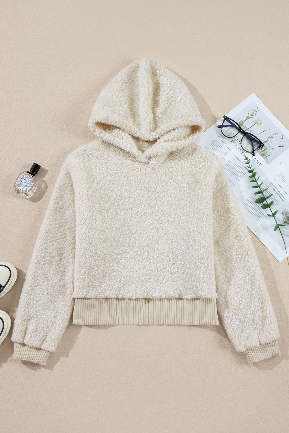 White Ribbed Edge Plush Hoodie